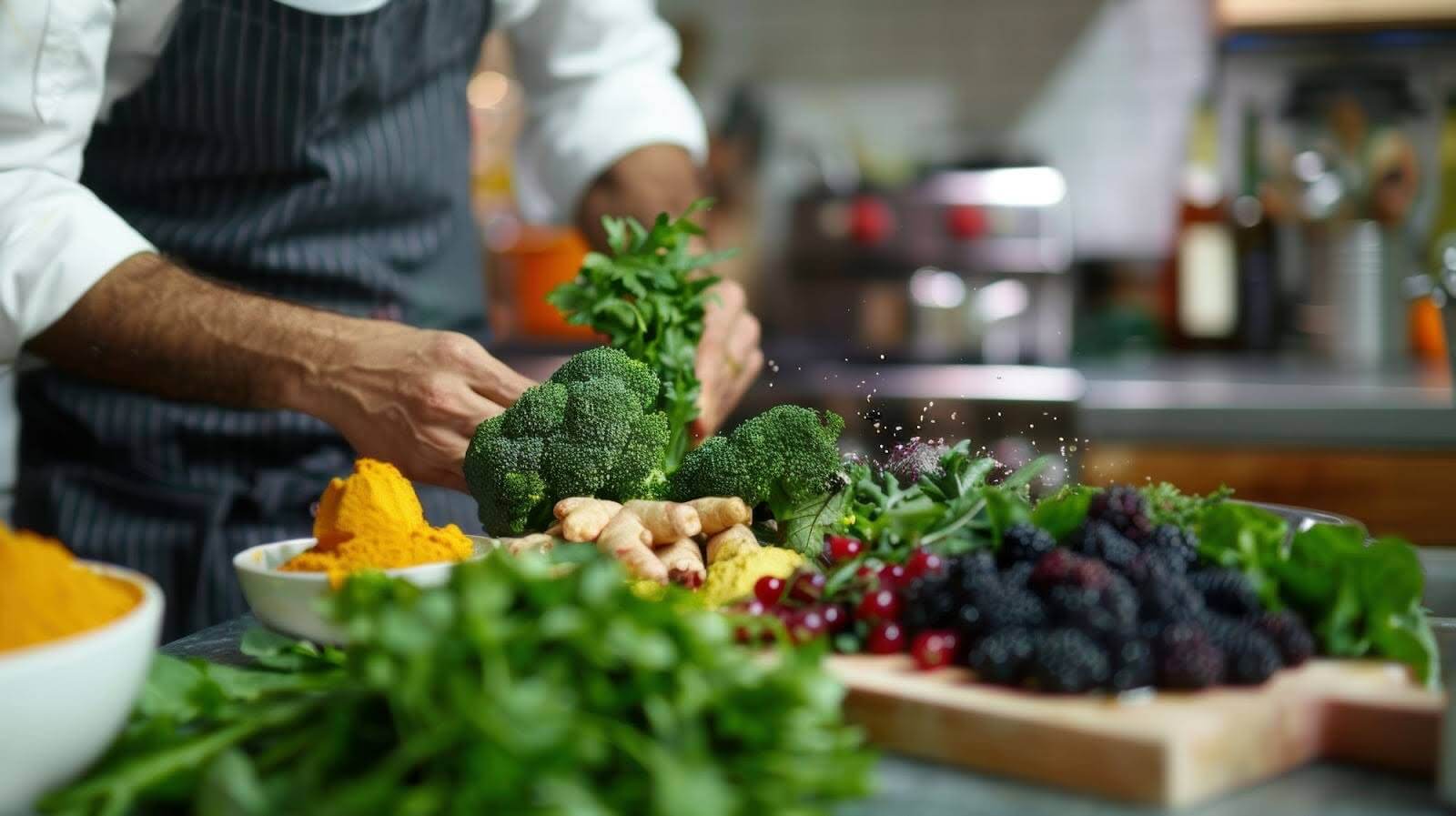 Man making healthy food with lots of vegetables.