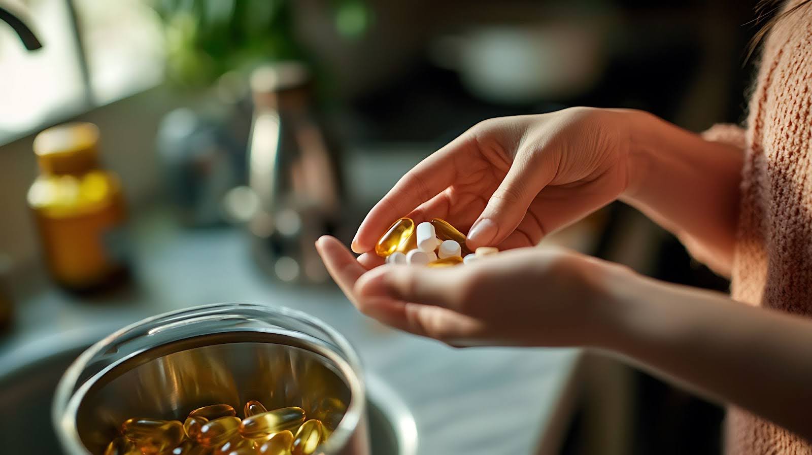 A woman holding a bunch of vitamins.