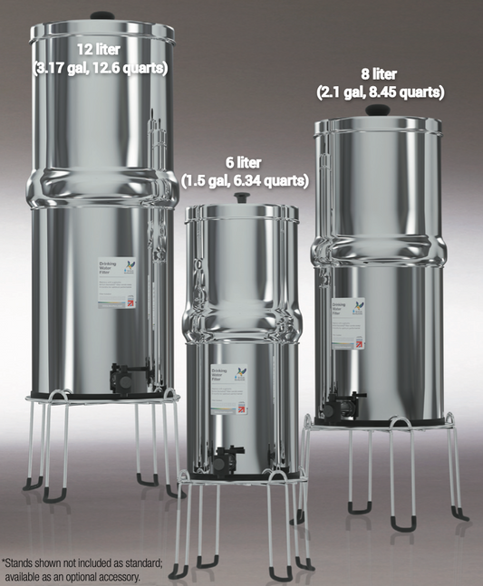 6, 8 and 12 liter sizes of British Berkefeld system for pure water filtration.