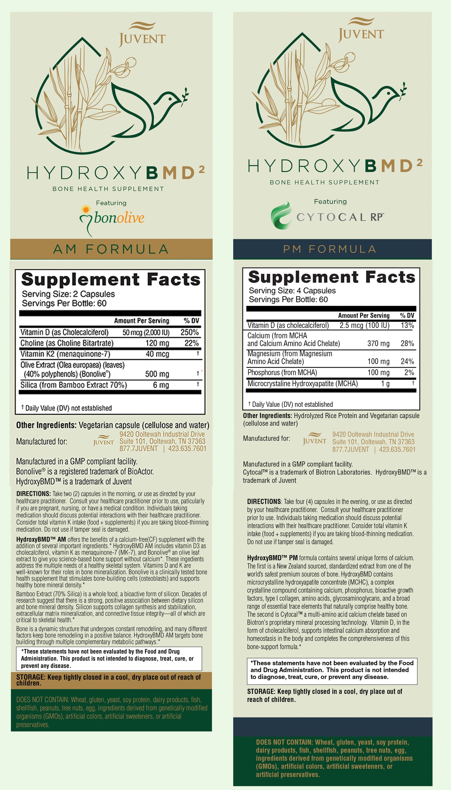 Nutrition facts for the AM and PM Formula of HydroxyBMD squared bone health supplements.
