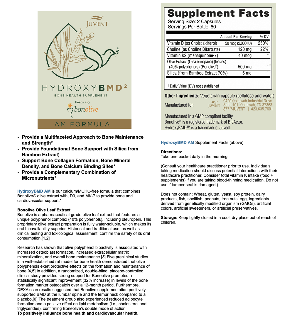 Nutrition details for the morning (AM) Hydroxy BMD squared bone health supplement featuring bonolive, including benefits.