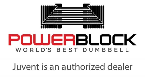 Powerblock logo with the words "world's best dumbbell. Juvent is an authorized dealer."