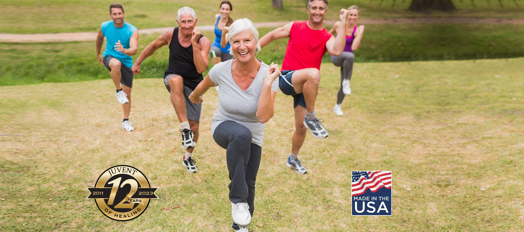 A six person group of happy, healthy, people exercising outside, including two older people, and four middle aged people.