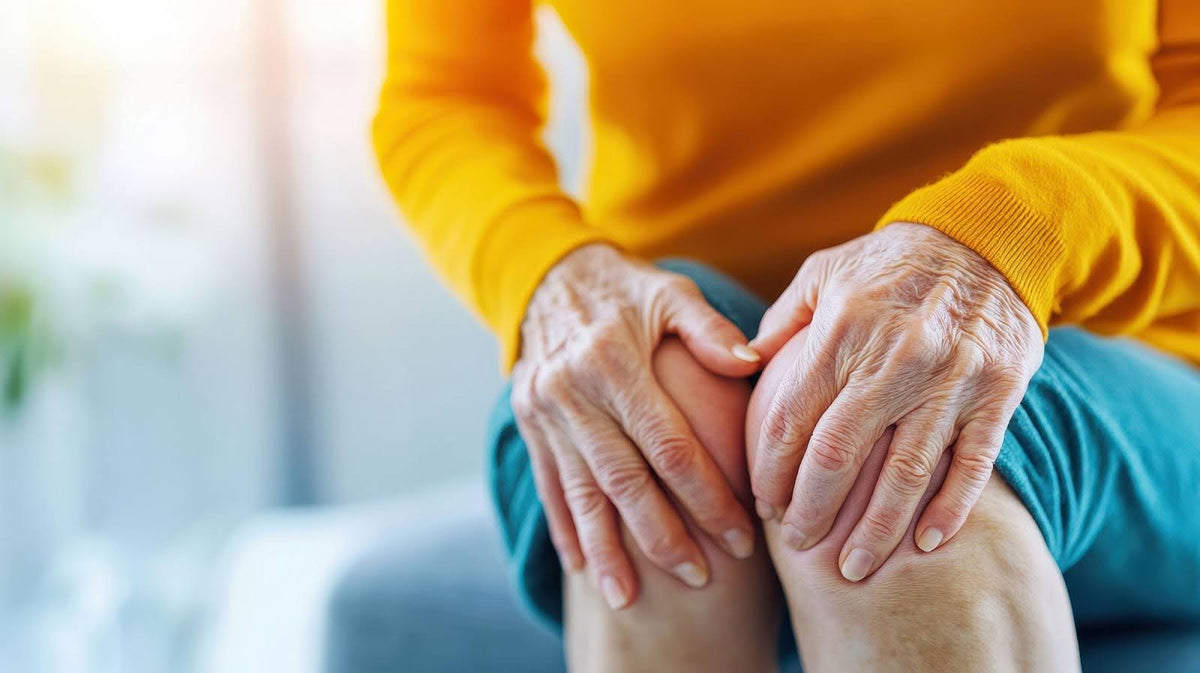 An older woman holding her knees.