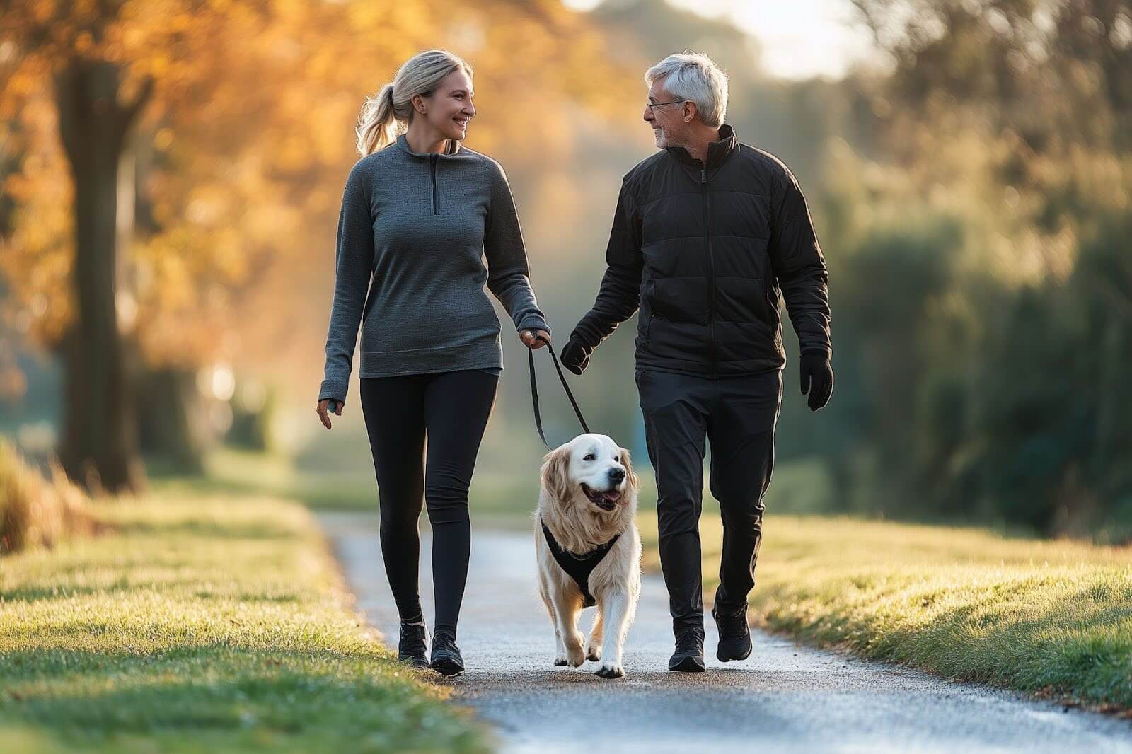A man and woman walking their dog.