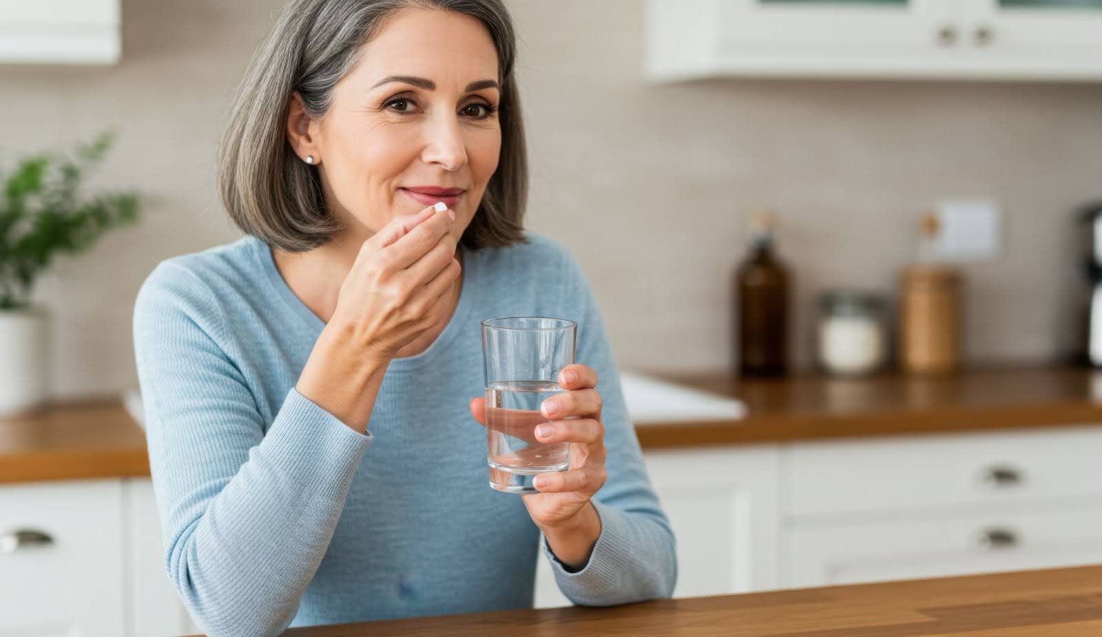 A woman taking a supplement with a glass of water