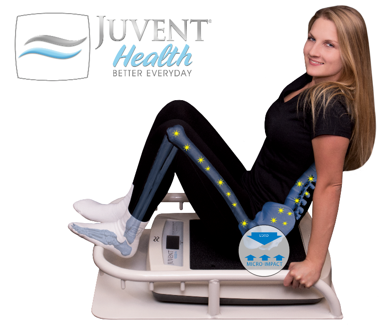 Woman sitting and using compact workout stand with Juvent Micro-Impact Platform