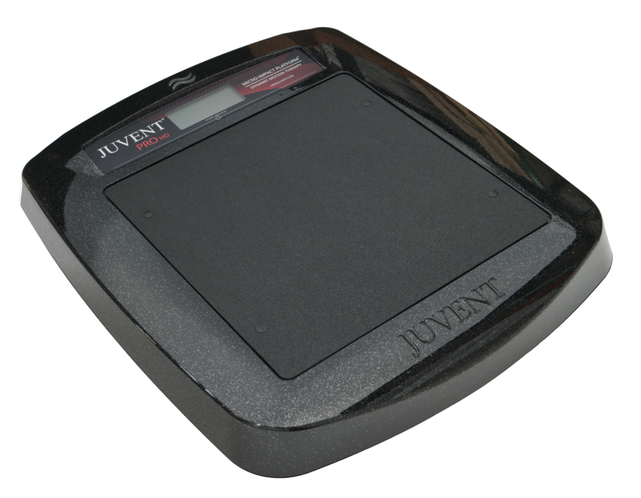 A black Juvent PRO HD Micro-Impact Platform for vibration exercises with a stainless platform top.