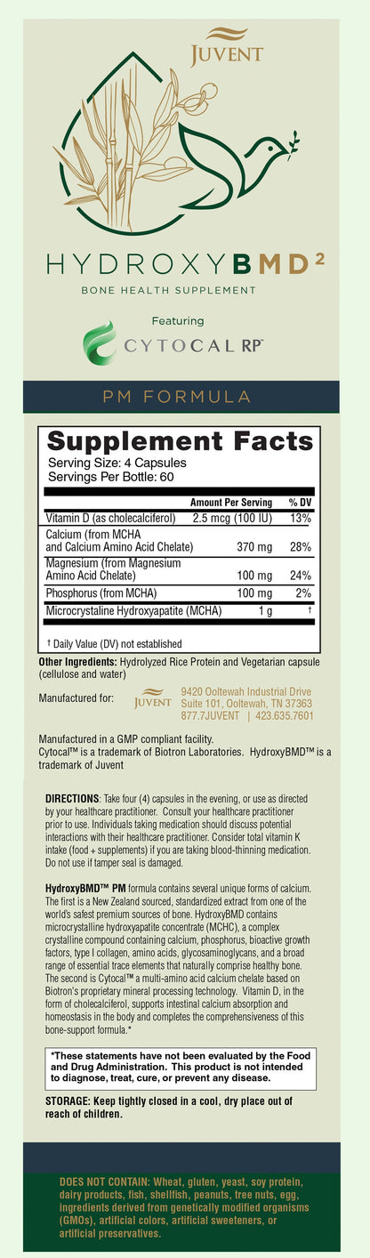 Nutrition facts for the AM and PM Formula of HydroxyBMD squared bone health supplements.