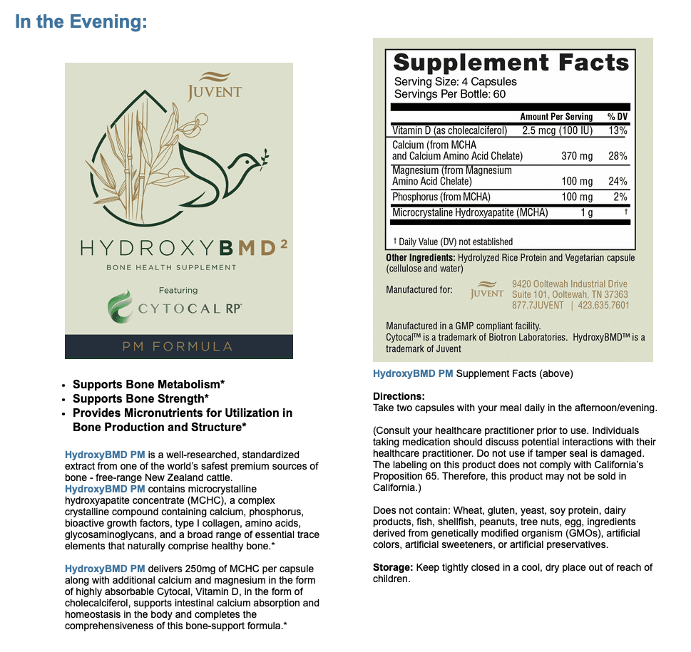Nutrition details for the evening (PM) Hydroxy BMD squared bone health supplement featuring cytocal RP, including benefits.