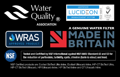Certifications for the British Berkefeld system by Water Quality Association, Lucideon, WRAS and NSF.