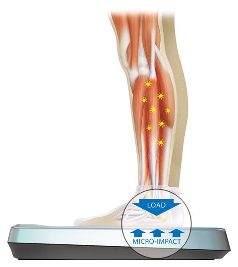 Muscular system side shot photo of a person standing on the micro impact platform.